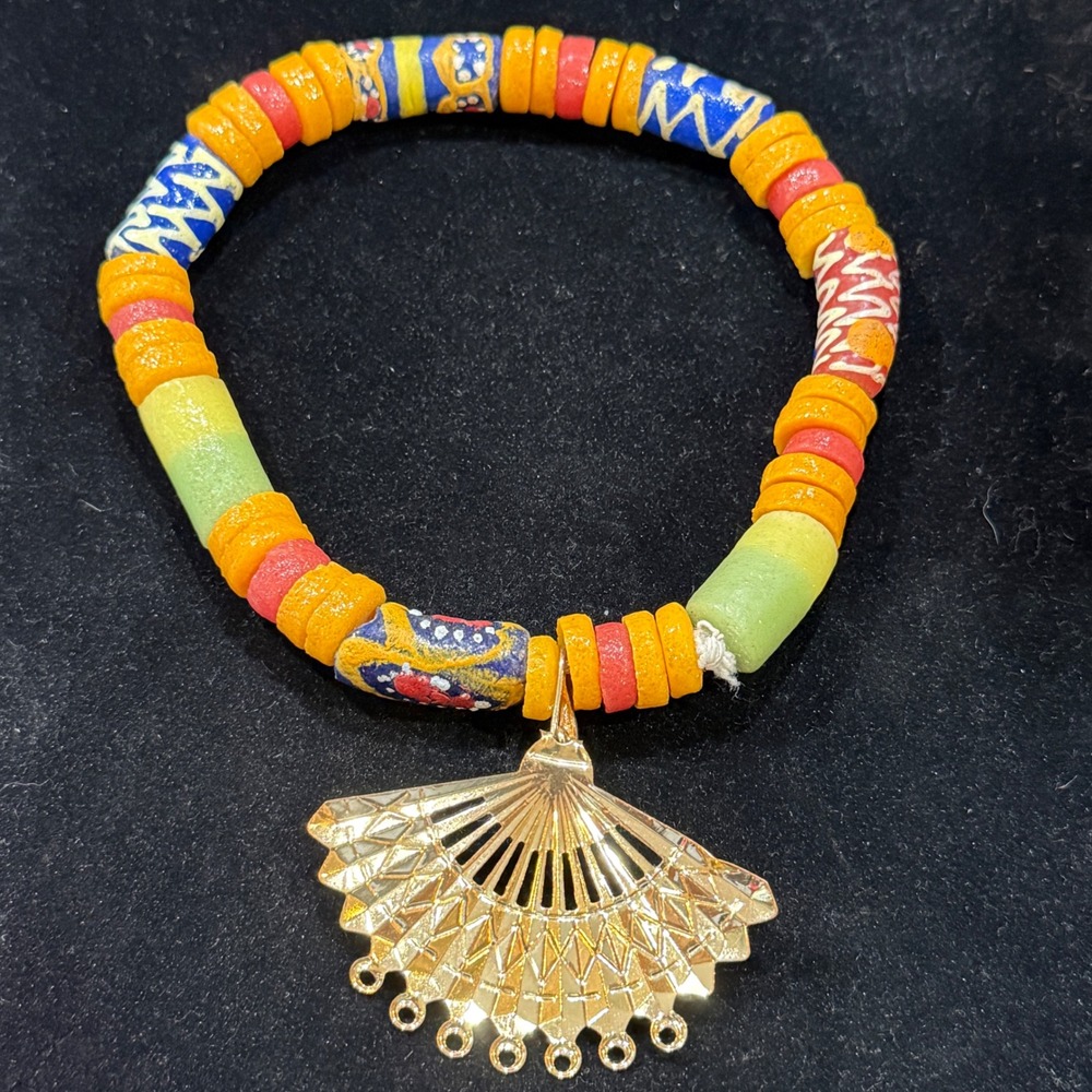 Multicolor African Trade Bead Stretch Bracelet with Gold Tone Fan Charm - Picture 2 of 10